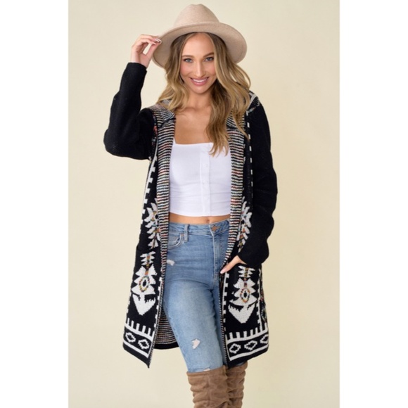 SOLD OUT Black Aztec Rainbow Western Hooded Knit Cardigan Long Sleeve Open - Picture 3 of 8